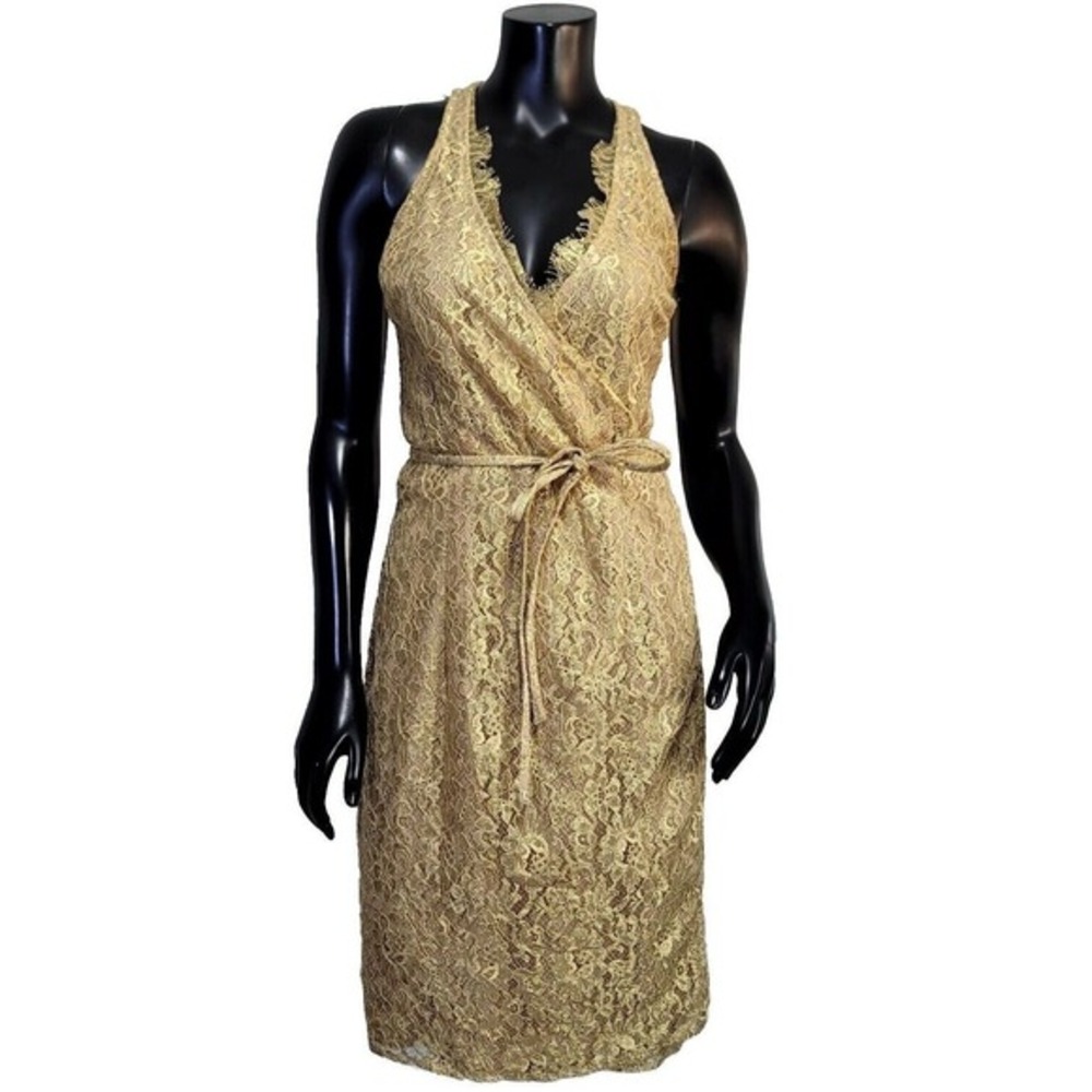 Chetta B Evening Dress Womens 8 Gold Lace‎ Wrap Cocktail Party Sheath Formal